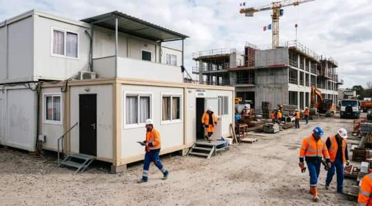 Modules temporaires préfabriqués installés sur un chantier de construction avec des ouvriers en tenue de sécurité