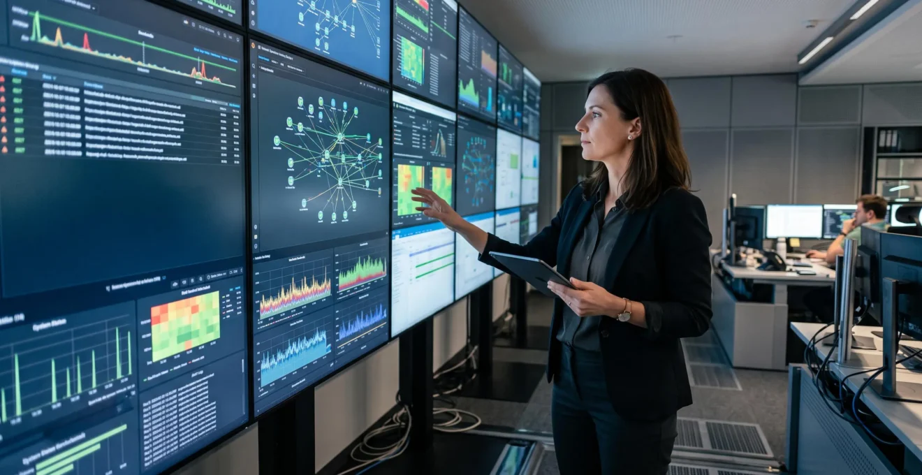 Administrateur IT analysant des tableaux de bord de surveillance réseau dans un centre d'opérations
