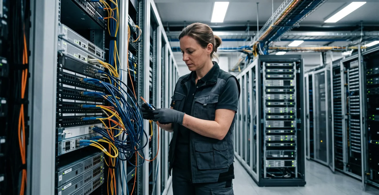 Technicien IT installant des câbles réseau dans une baie de serveurs d'un datacenter professionnel