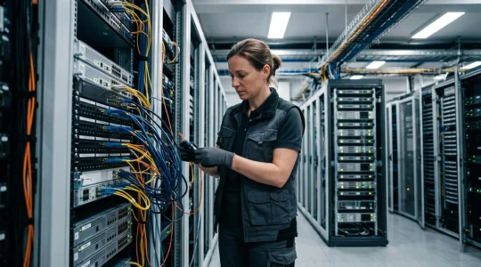 Technicien IT installant des câbles réseau dans une baie de serveurs d'un datacenter professionnel