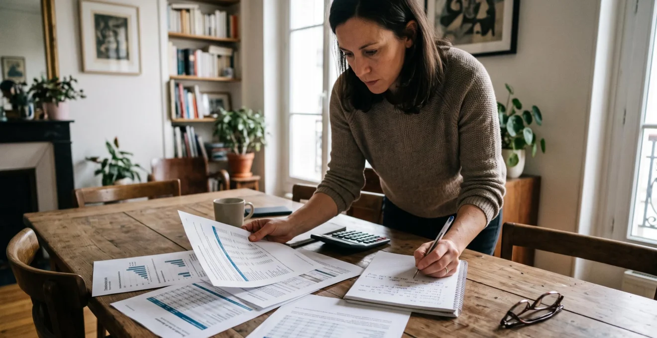 Femme comparant des offres de prêt immobilier de plusieurs banques sur une table à domicile