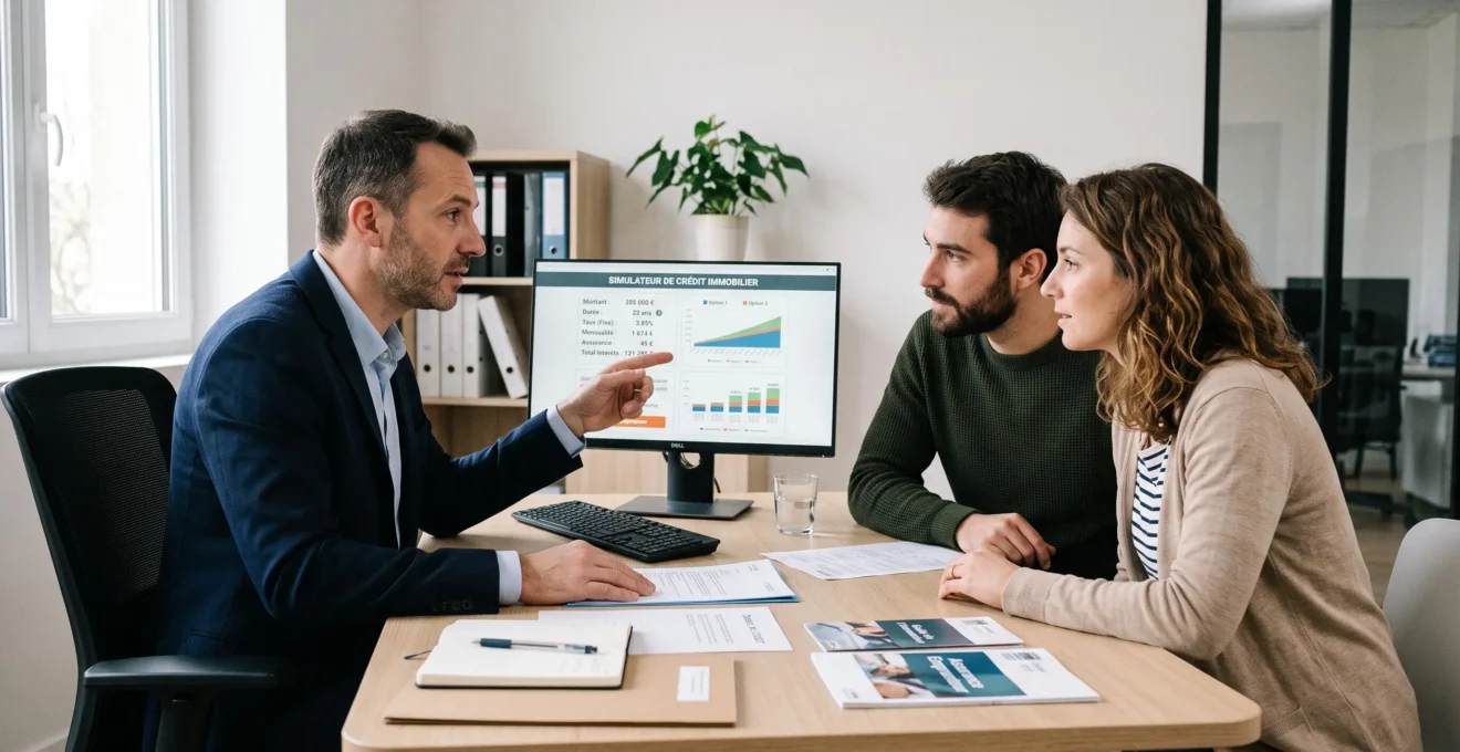 Conseiller en courtage immobilier présentant un simulateur de prêt sur ordinateur à un jeune couple dans un bureau professionnel