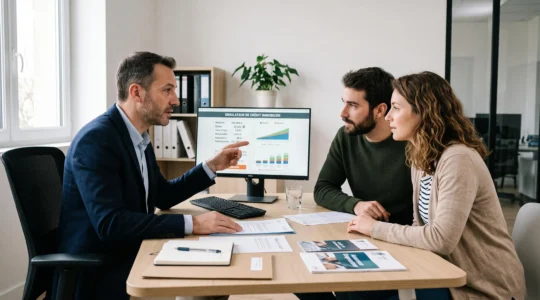 Conseiller en courtage immobilier présentant un simulateur de prêt sur ordinateur à un jeune couple dans un bureau professionnel