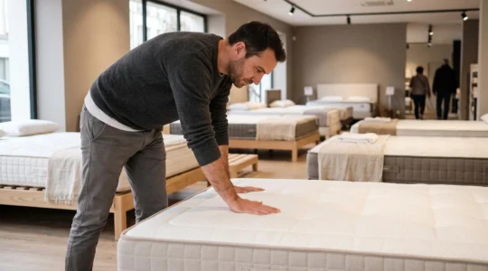 Un conseiller en literie appuie sa main sur un matelas exposé dans un magasin pour tester sa fermeté et son soutien.