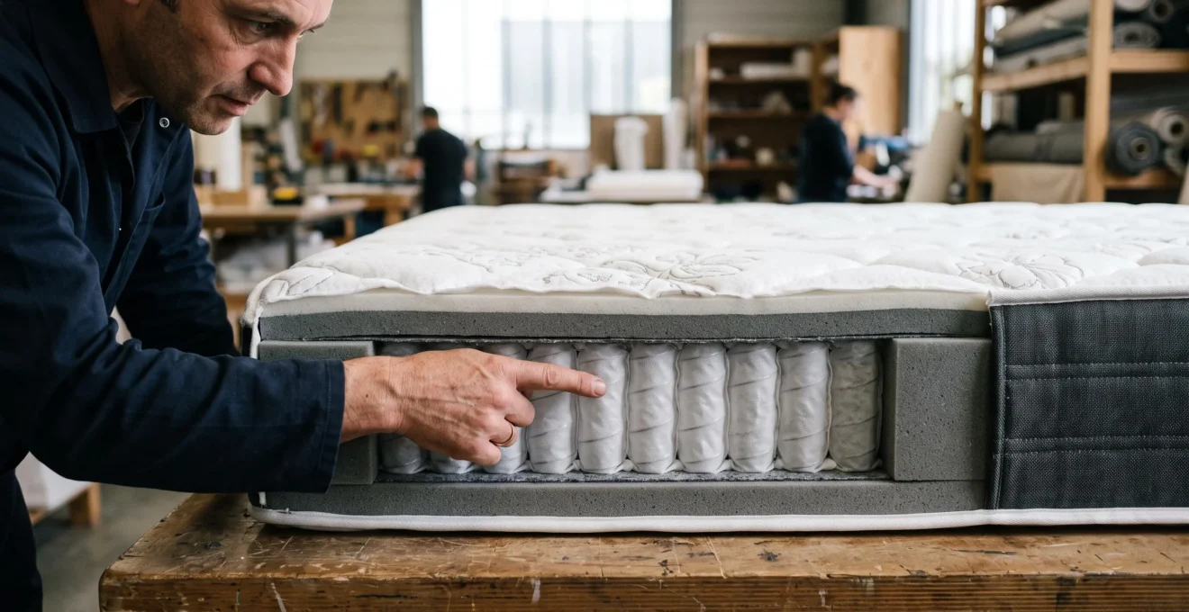 Gros plan sur une coupe transversale de matelas à ressorts ensachés révélant ses couches internes, une main pointant la structure.