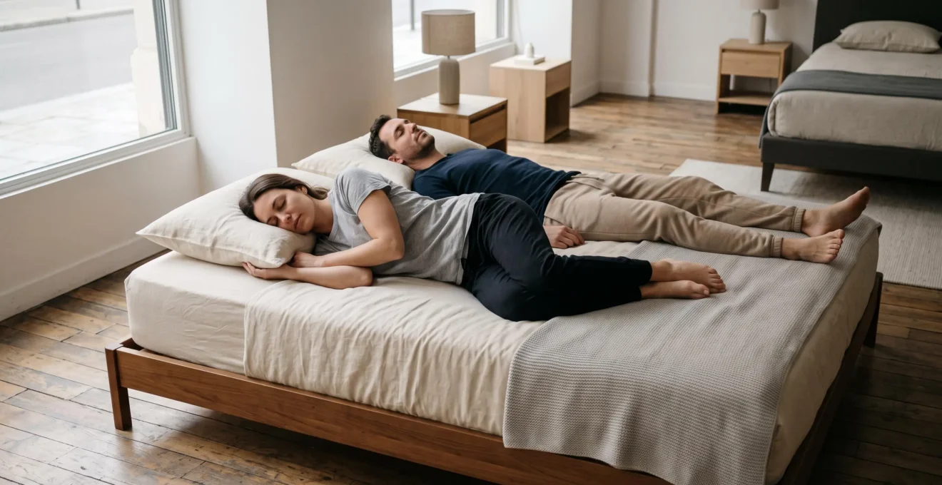 Un couple essaie un grand matelas dans un showroom de literie, chacun dans une position de sommeil différente.