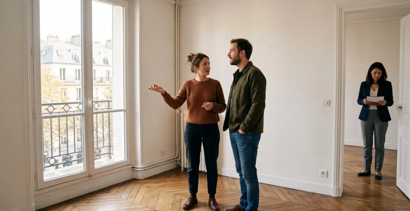 Jeune couple visitant un appartement vide avec un agent immobilier en France