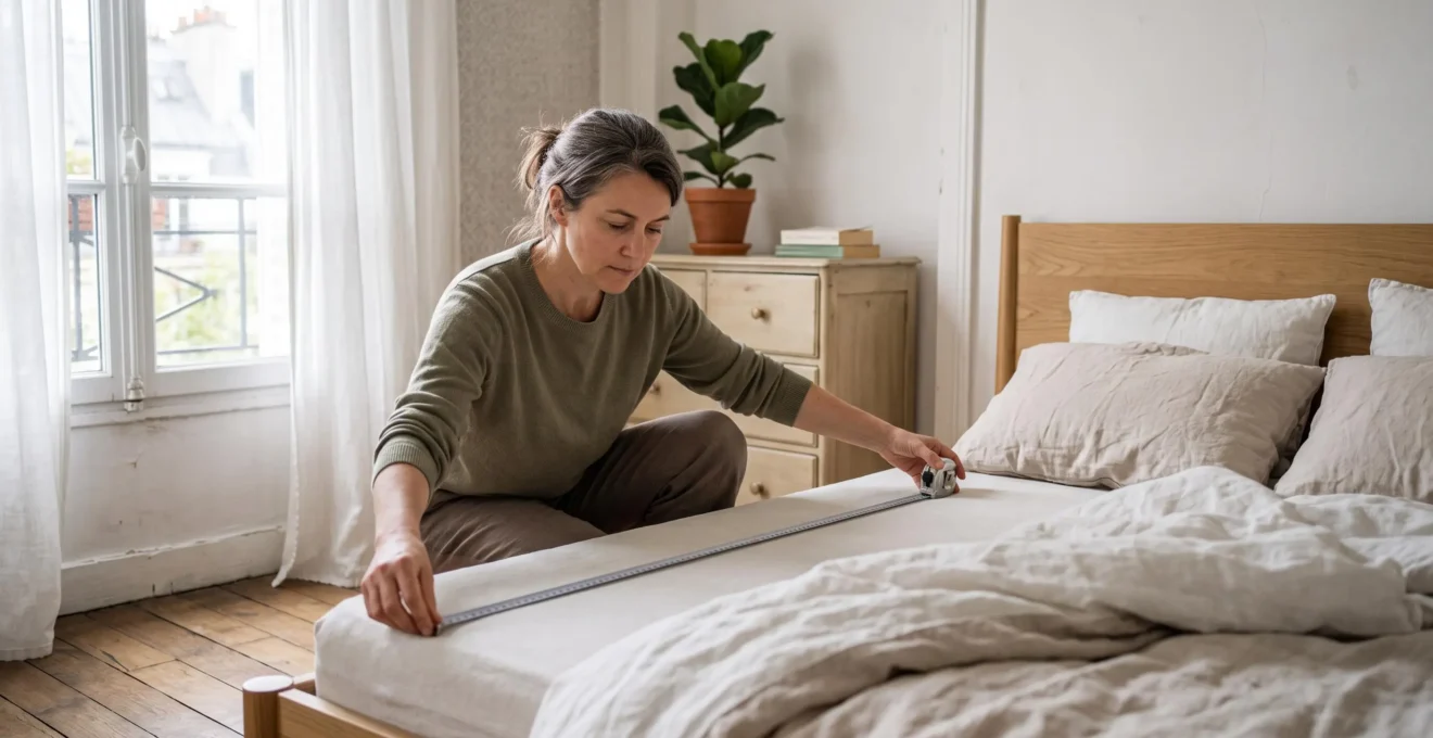 Une personne mesure l'épaisseur d'un matelas avec un mètre ruban dans une chambre lumineuse.
