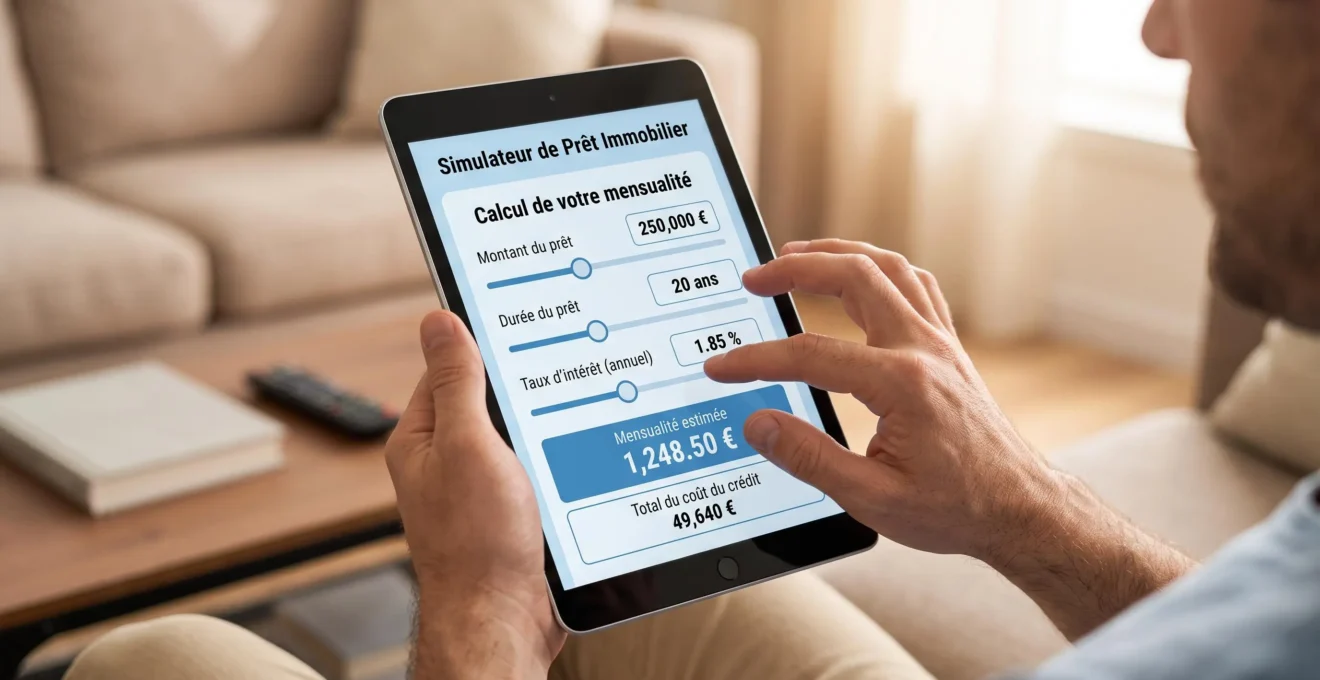 Mains utilisant une tablette affichant un simulateur de prêt immobilier en ligne