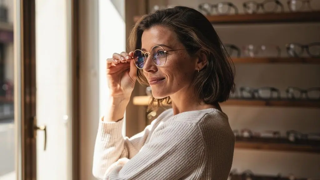 Une femme essaie des lunettes rondes dorées devant un miroir en opticien.