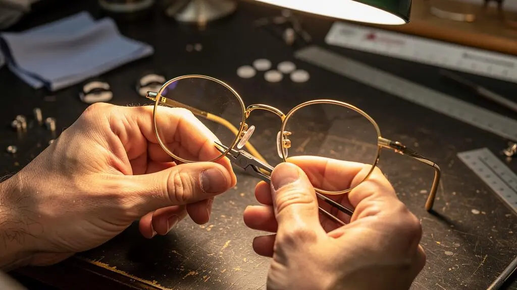 Un opticien ajuste les plaquettes d'une monture ronde dorée sur son établi.