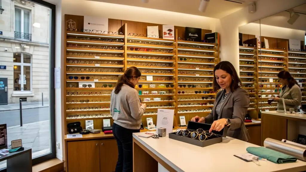 Une cliente et une vendeuse examinent une présentoir de montures dans un magasin.